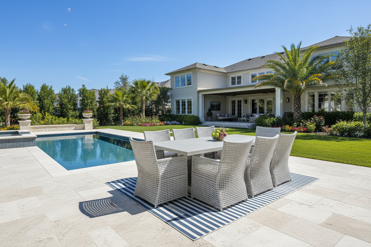 Universal Coastal Living South Beach 9-Pc Outdoor Dining Set (96" Table +8 Dining Chairs w Sunbrella Cushions)