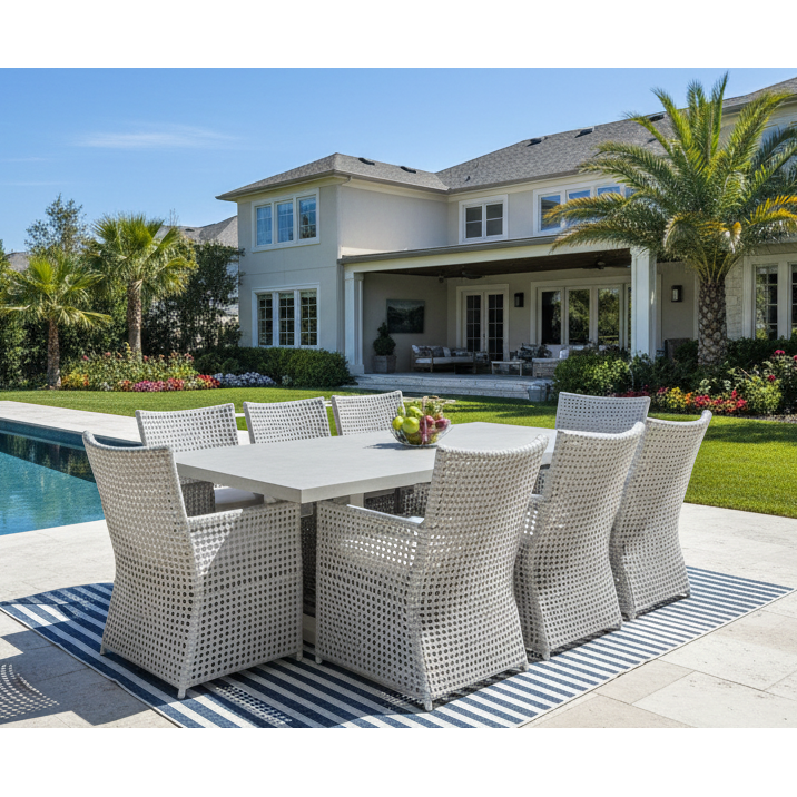 Universal Coastal Living South Beach 9-Pc Outdoor Dining Set (96" Table +8 Dining Chairs w Sunbrella Cushions)