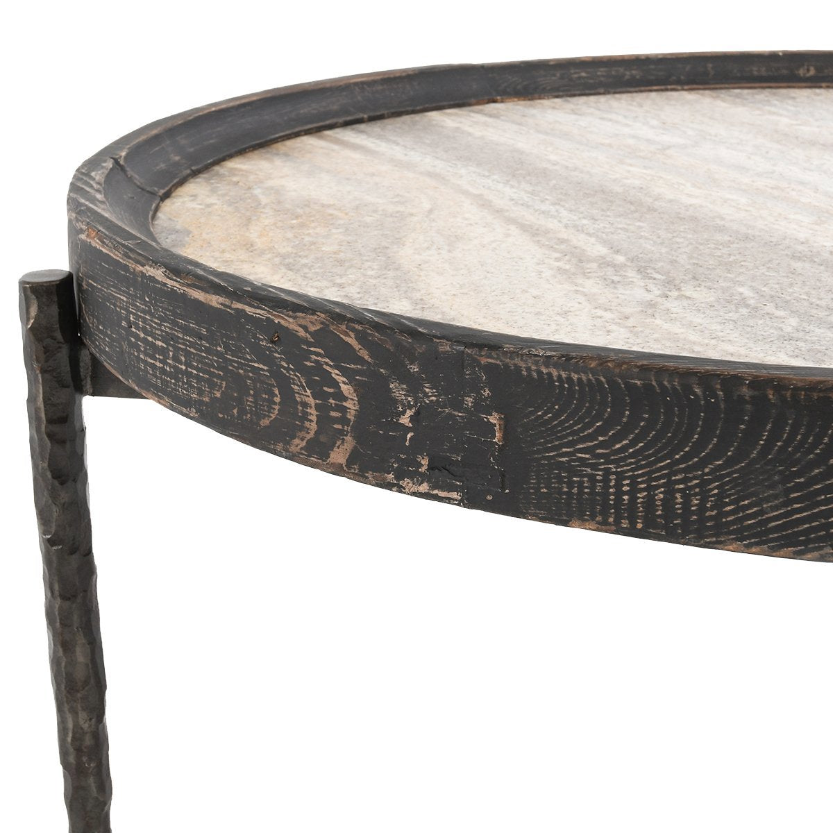 Dakota Round Coffee Table Weathered Black/Travertine
