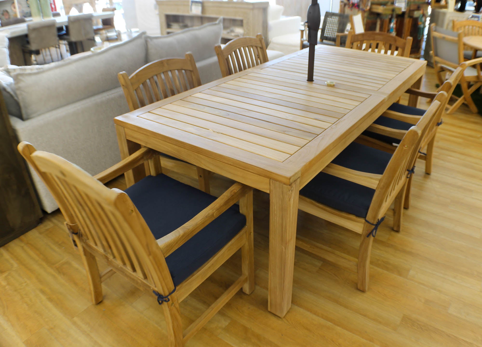 Katana Teak 7pc Outdoor Dining Set (Teak 86" Rectangular Table with 6 Teak Tista Armchairs +FREE Cushions +FREE Umbrella +FREE Cover)