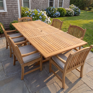 Bali Teak 7pc Outdoor Dining Set (Teak Rectangular Extendable Table 70-94" with 6 Teak Tista Armchairs +FREE Cushions +FREE Umbrella +FREE Cover) — view 1