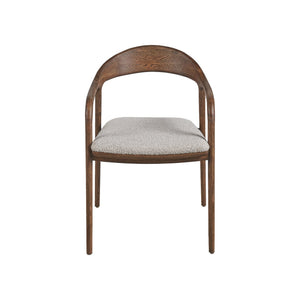 Universal Echo dining arm chair in Medium Brown Oak with Medina Pebble upholstered seat, front view — view 1