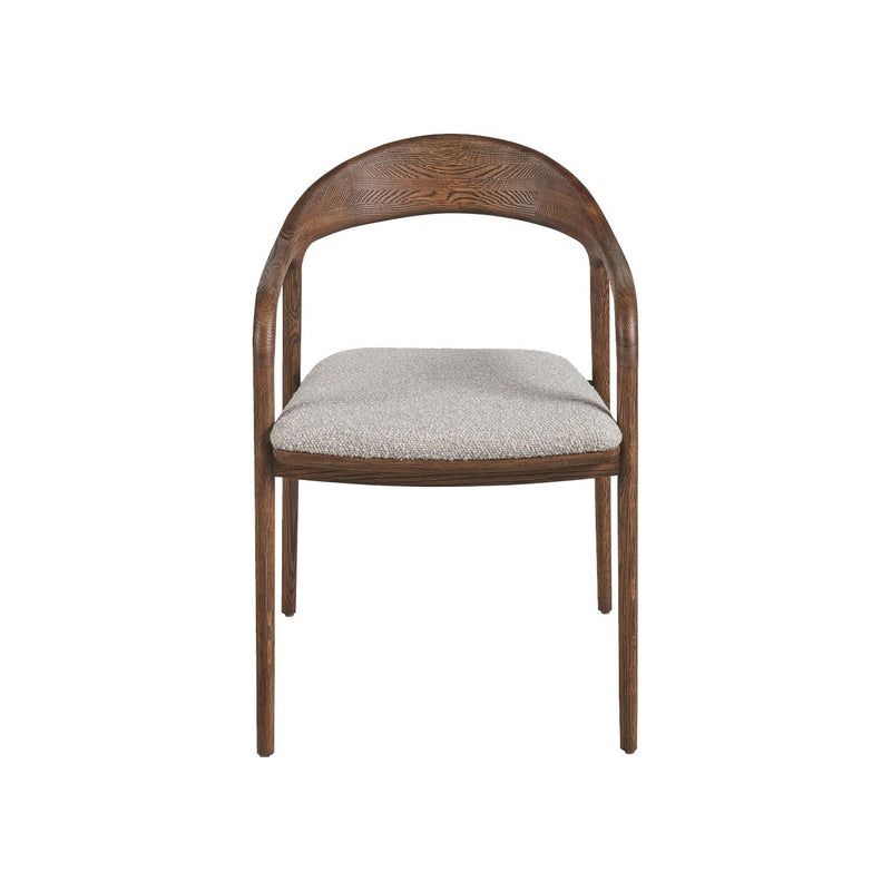 Universal Echo dining arm chair in Medium Brown Oak with Medina Pebble upholstered seat, front view