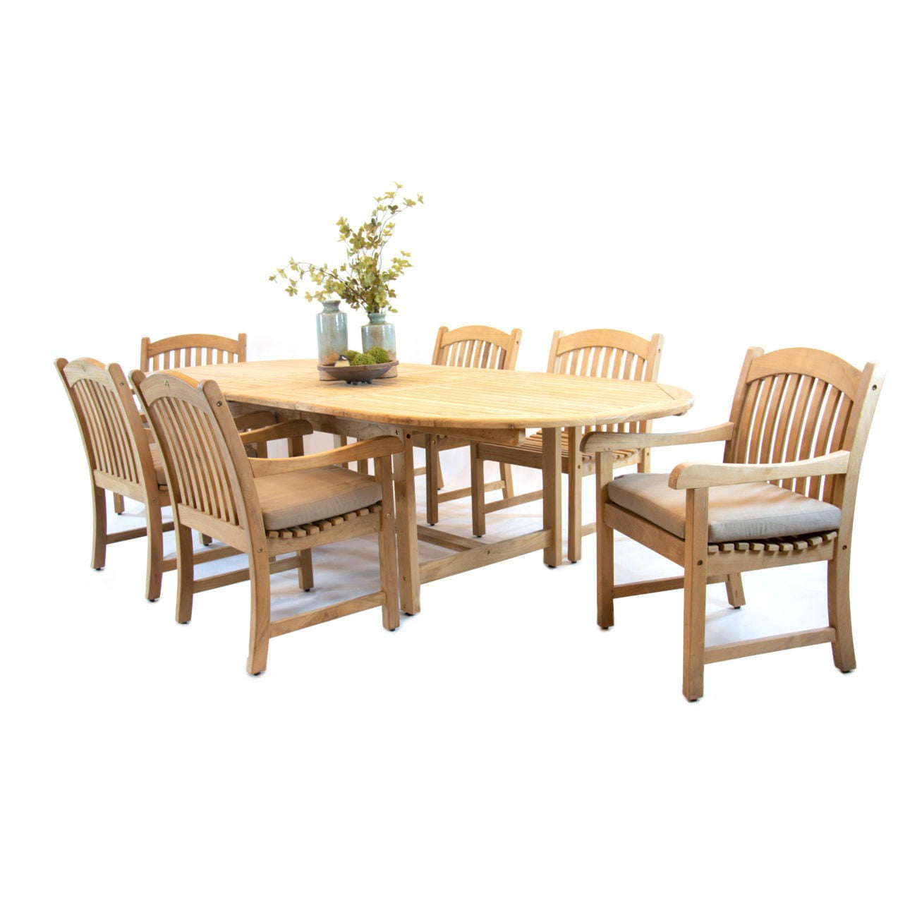 Harbour Teak Outdoor Dining Set (Teak Extendable Oval Table 71-95" with 6 Teak Tista Armchairs +FREE Cushions +FREE Cover +FREE Umbrella)