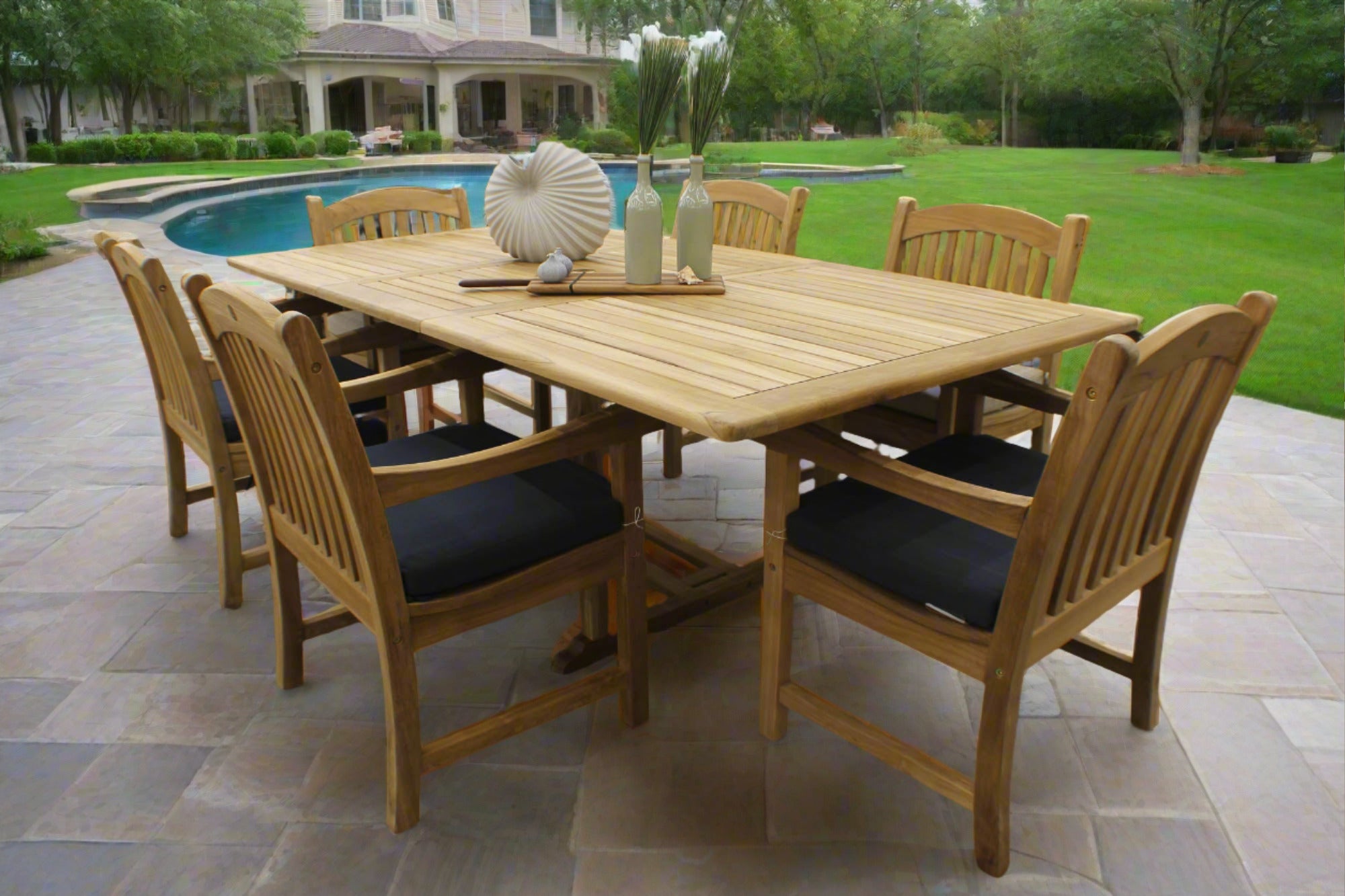 Bali Teak 7pc Outdoor Dining Set (Teak Rectangular Extendable Table 70-94" with 6 Teak Tista Armchairs +FREE Cushions +FREE Umbrella +FREE Cover)