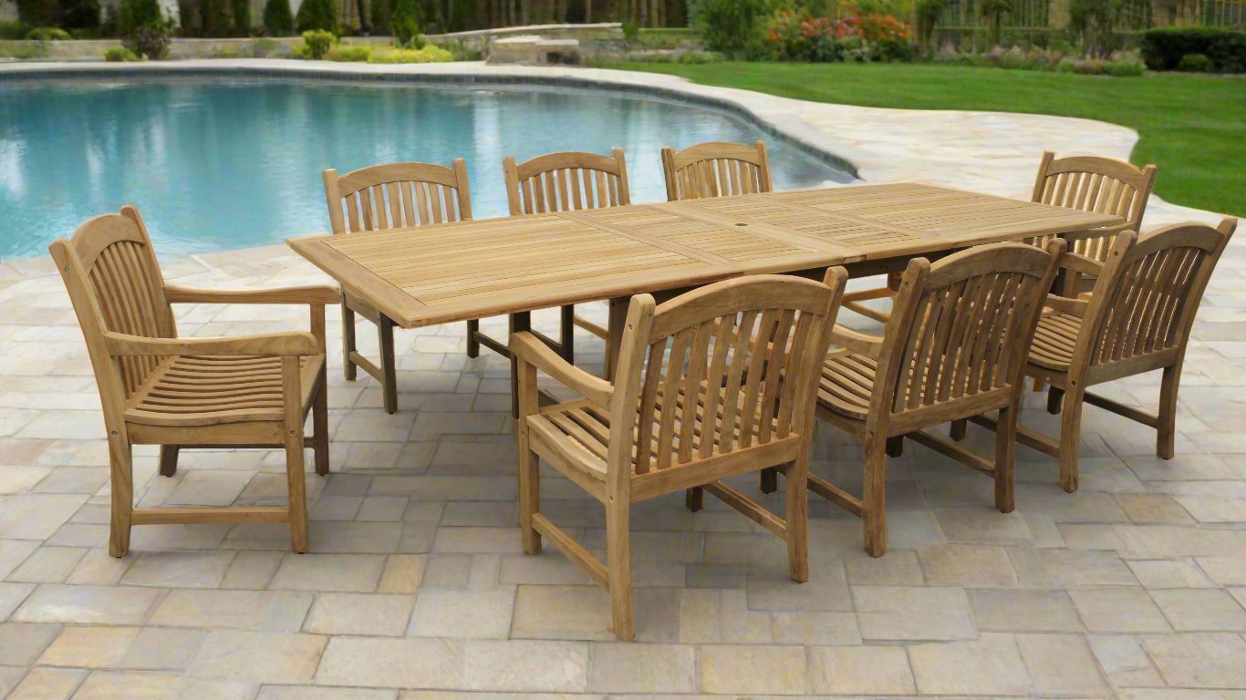 Teak Banquet 9pc Outdoor Dining Set (Teak Extendable Table 88-118" with 8 Teak Tista Armchairs +FREE Cushions +FREE Umbrella +FREE Cover)