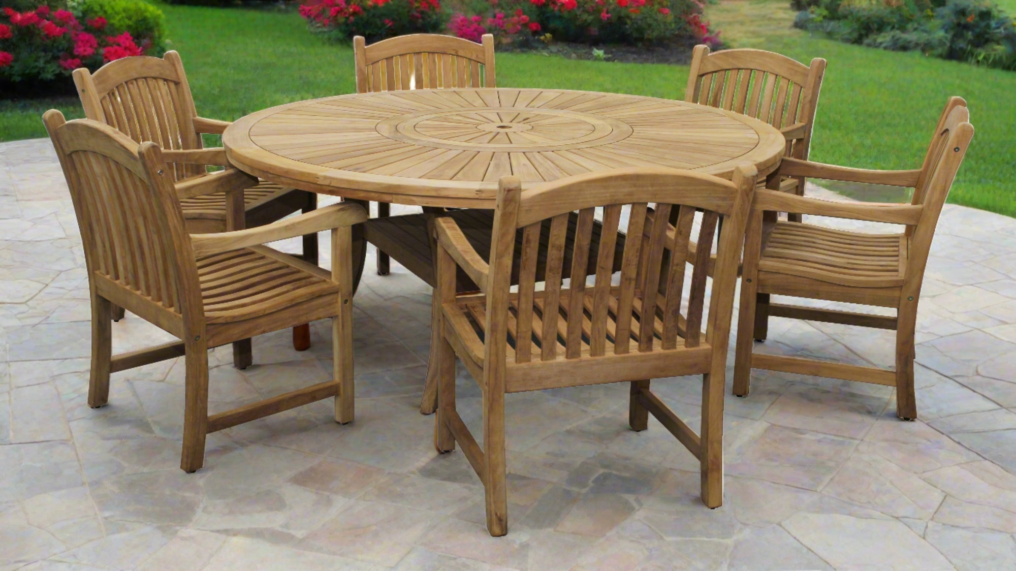Komodo Teak 7pc Outdoor Dining Set (Teak 70" Round Table w Built-in Lazy Susan with 6 Teak Tista Armchairs +FREE Cushions +FREE Umbrella +FREE Cover)