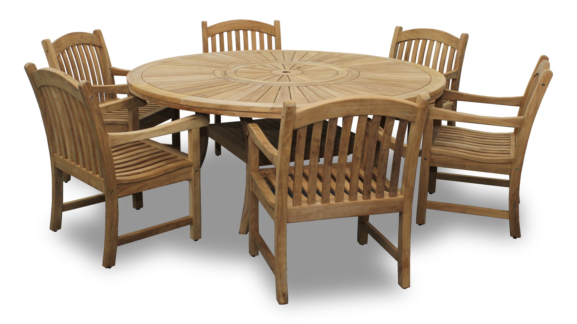 Komodo Teak 7pc Outdoor Dining Set (Teak 70" Round Table w Built-in Lazy Susan with 6 Teak Tista Armchairs +FREE Cushions +FREE Umbrella +FREE Cover)