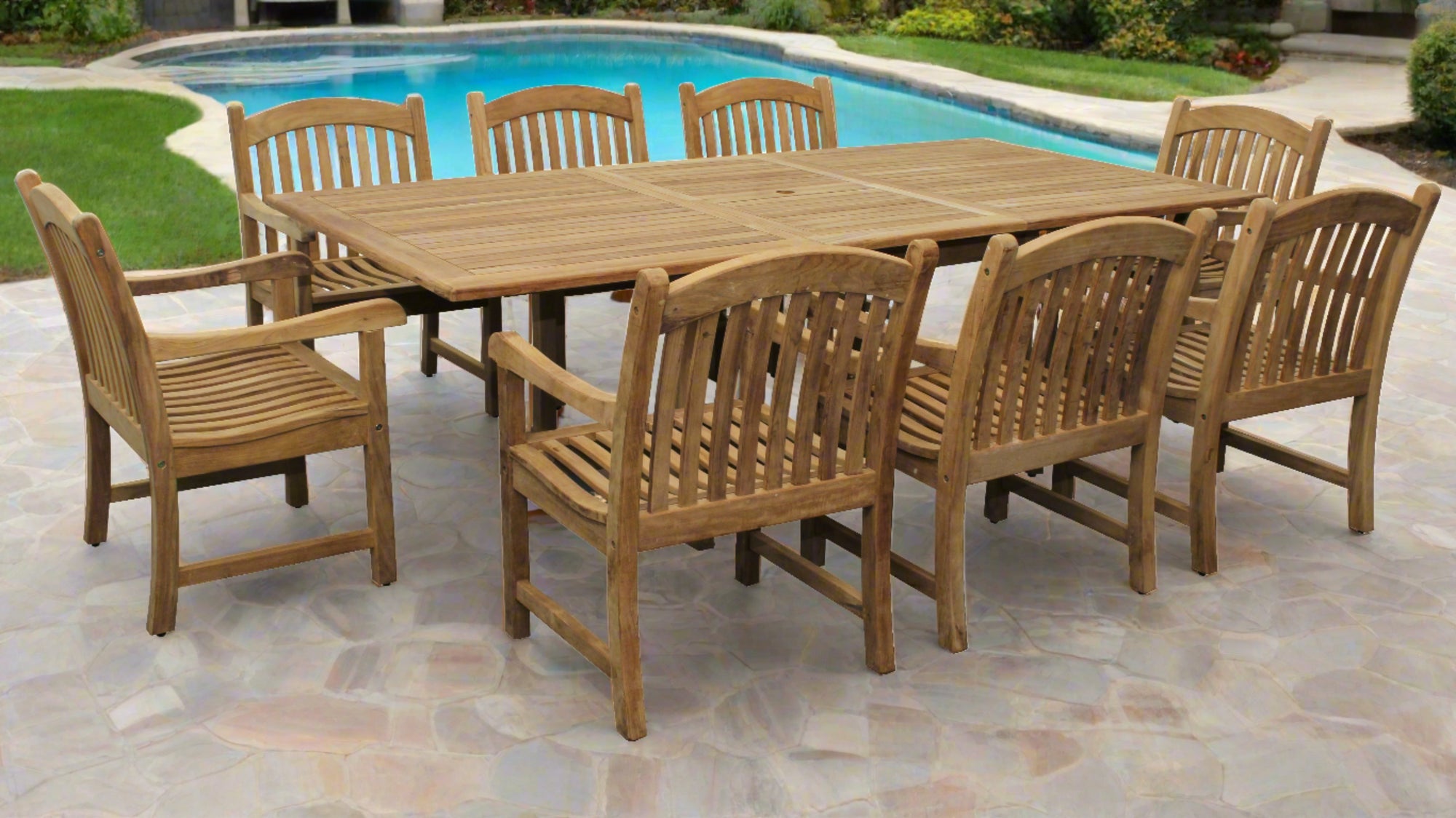 Bali Teak 7pc Outdoor Dining Set (Teak Rectangular Extendable Table 70-94" with 6 Teak Tista Armchairs +FREE Cushions +FREE Umbrella +FREE Cover)