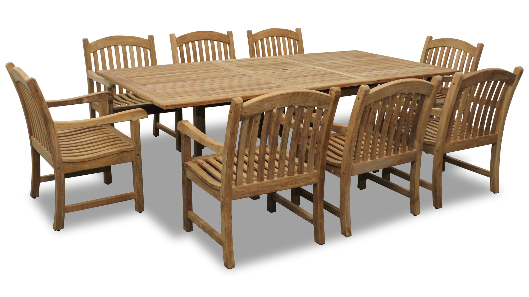 Bali Teak 7pc Outdoor Dining Set (Teak Rectangular Extendable Table 70-94" with 6 Teak Tista Armchairs +FREE Cushions +FREE Umbrella +FREE Cover)