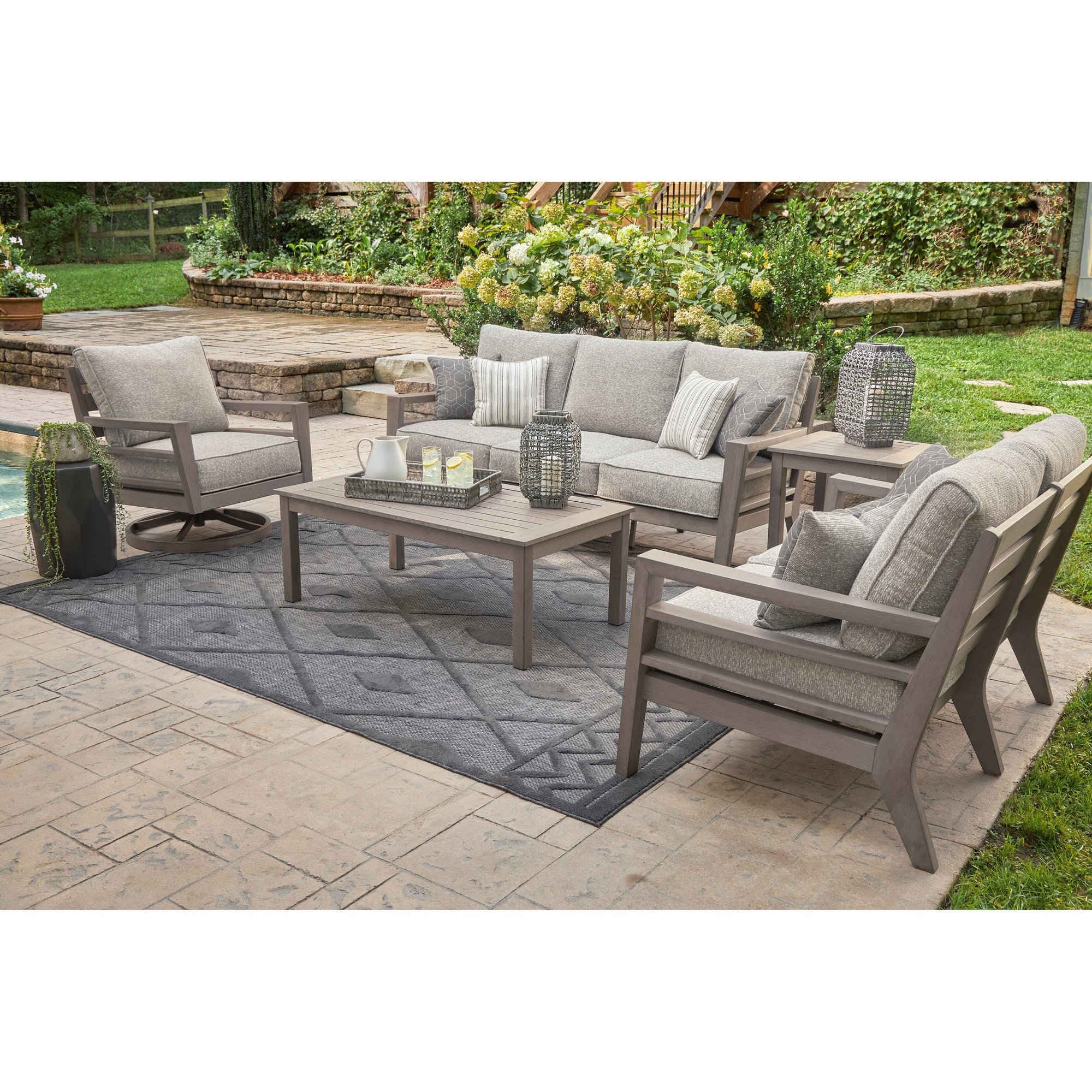 Poly Teak Taupe 6-Pc Outdoor Deep Seating (Sofa + 2 Swivel Club Chairs + Coffee Table + 2 End Table)