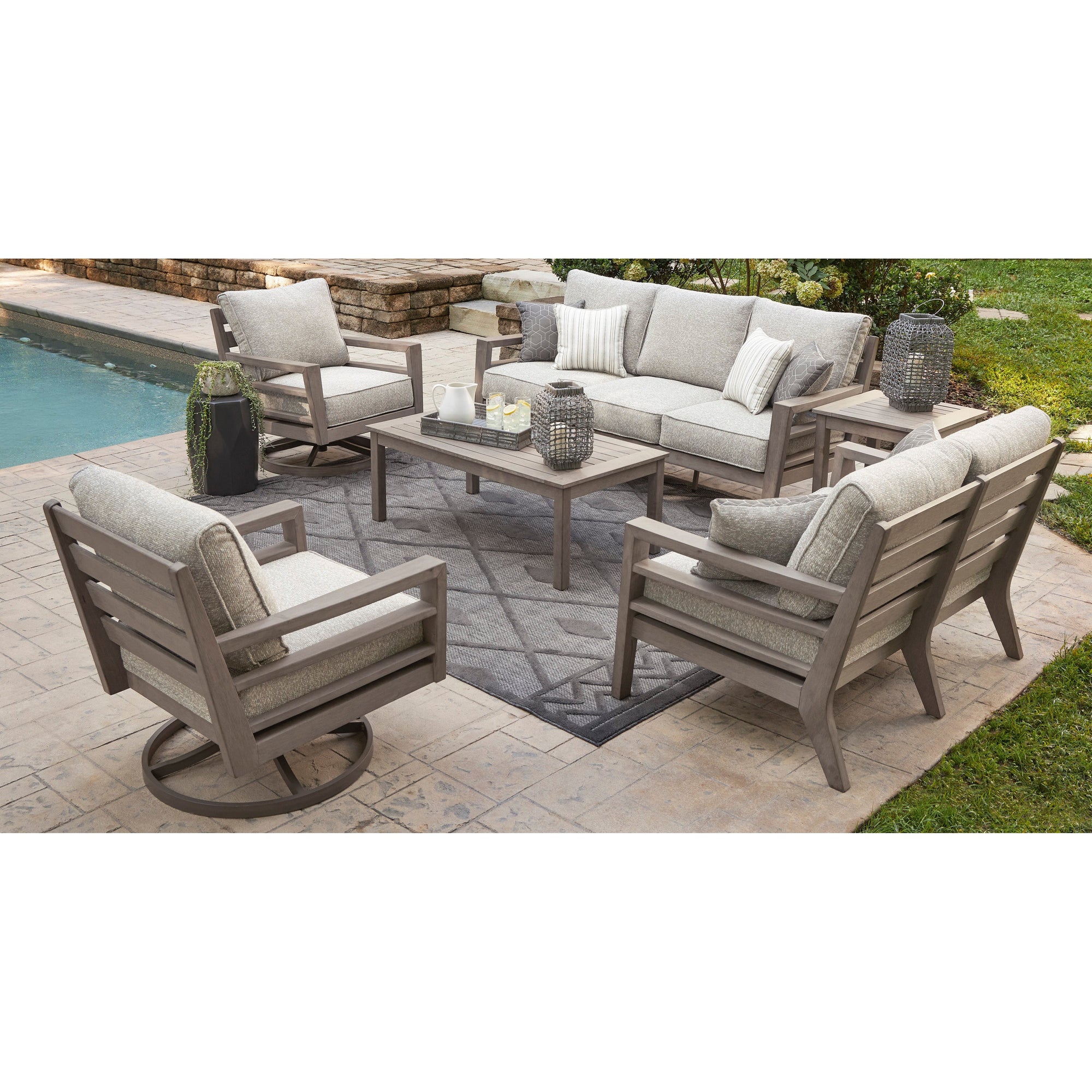 Poly Teak Taupe 6-Pc Outdoor Deep Seating (Sofa + 2 Swivel Club Chairs + Coffee Table + 2 End Table)