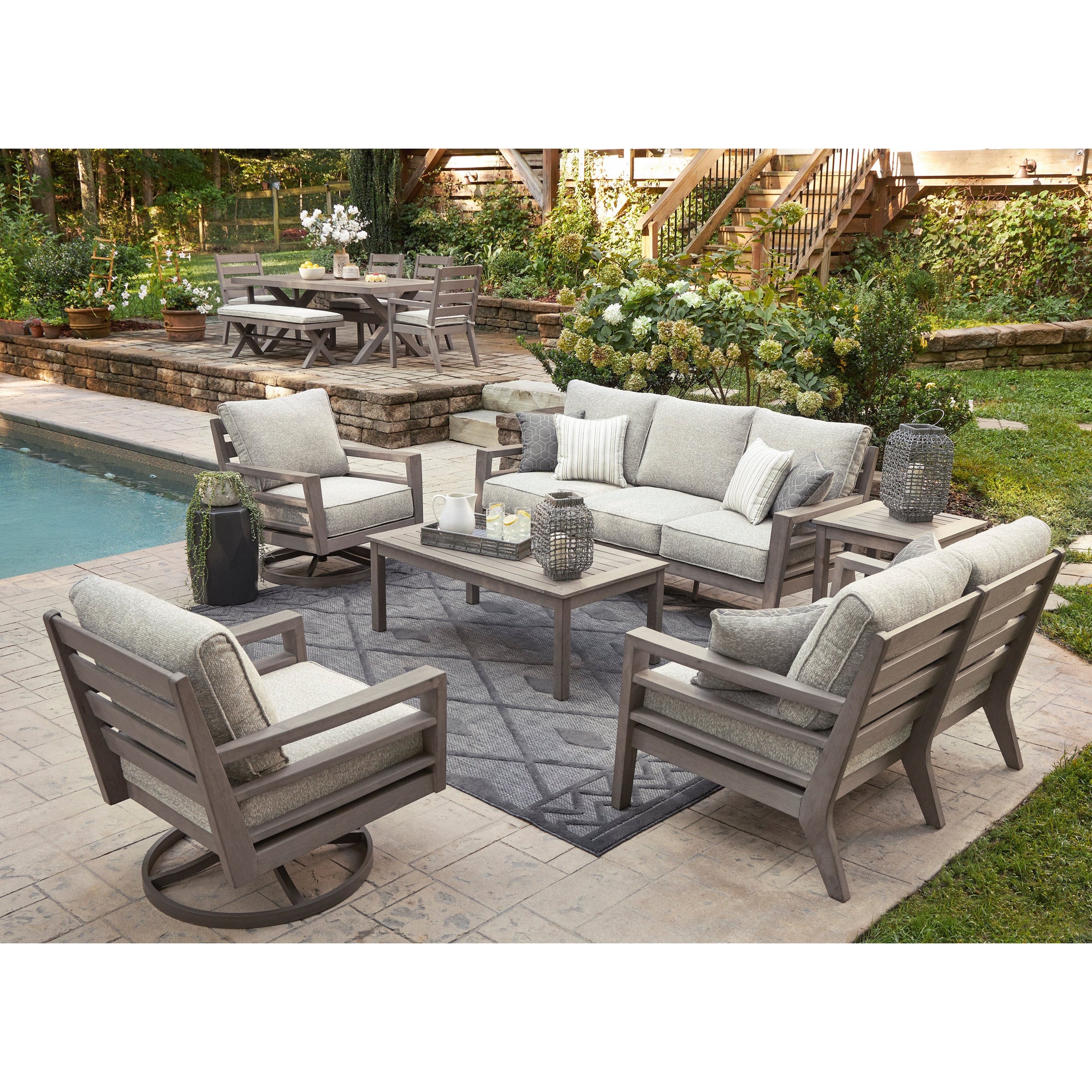 Poly Teak Taupe 6-Pc Outdoor Deep Seating (Sofa + 2 Swivel Club Chairs + Coffee Table + 2 End Table)