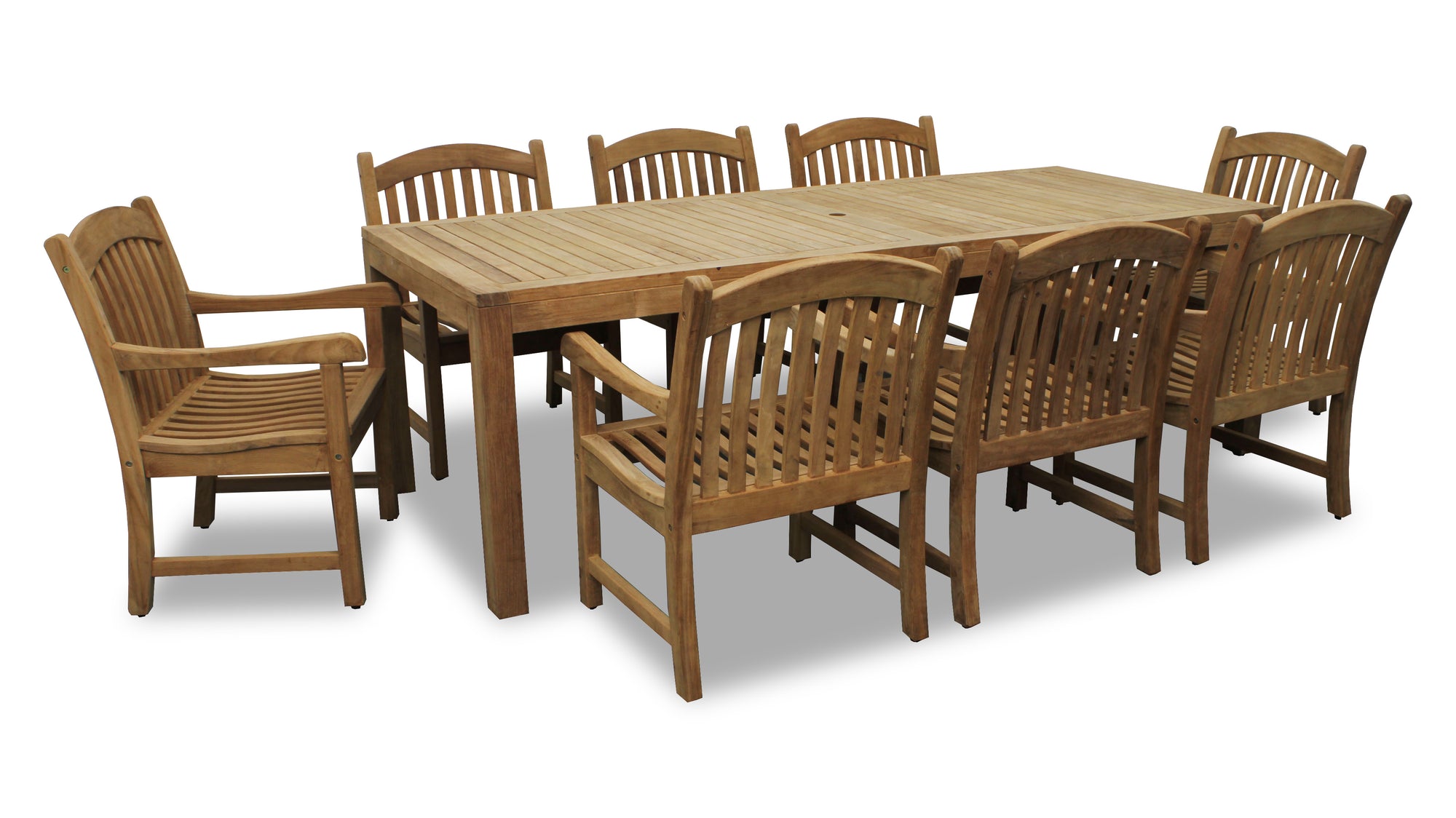 Rinjani Teak 9pc Outdoor Dining Set (Teak 94" Rectangular Table with 8 Tista Teak Armchairs +FREE Cushions +FREE Umbrella +FREE Cover)