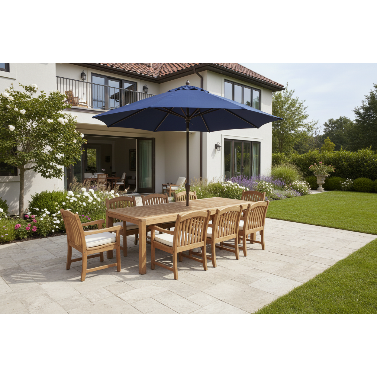 Rinjani Teak 9pc Outdoor Dining Set (Teak 94" Rectangular Table with 8 Tista Teak Armchairs +FREE Cushions +FREE Umbrella +FREE Cover)