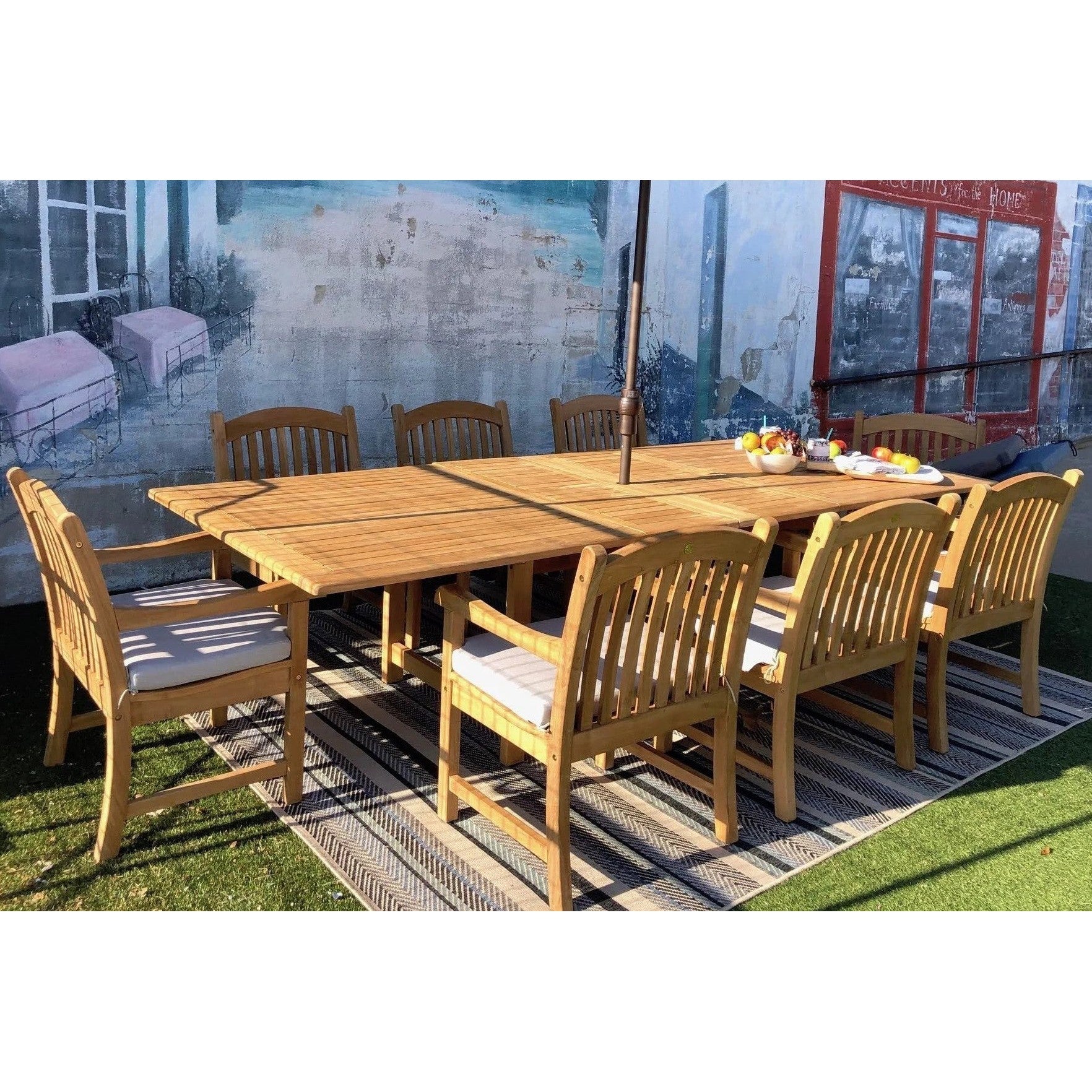 Teak Banquet 9pc Outdoor Dining Set (Teak Extendable Table 88-118" with 8 Teak Tista Armchairs +FREE Cushions +FREE Umbrella +FREE Cover)