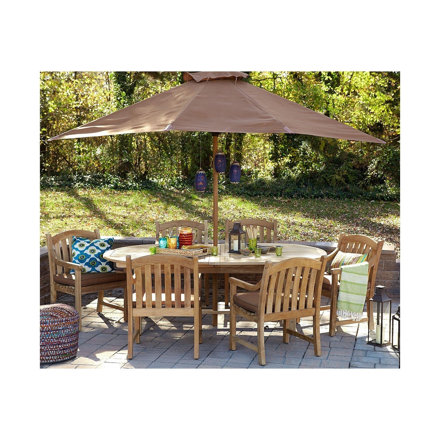 Harbour Teak Outdoor Dining Set (Teak Extendable Oval Table 71-95" with 6 Teak Tista Armchairs +FREE Cushions +FREE Cover +FREE Umbrella)