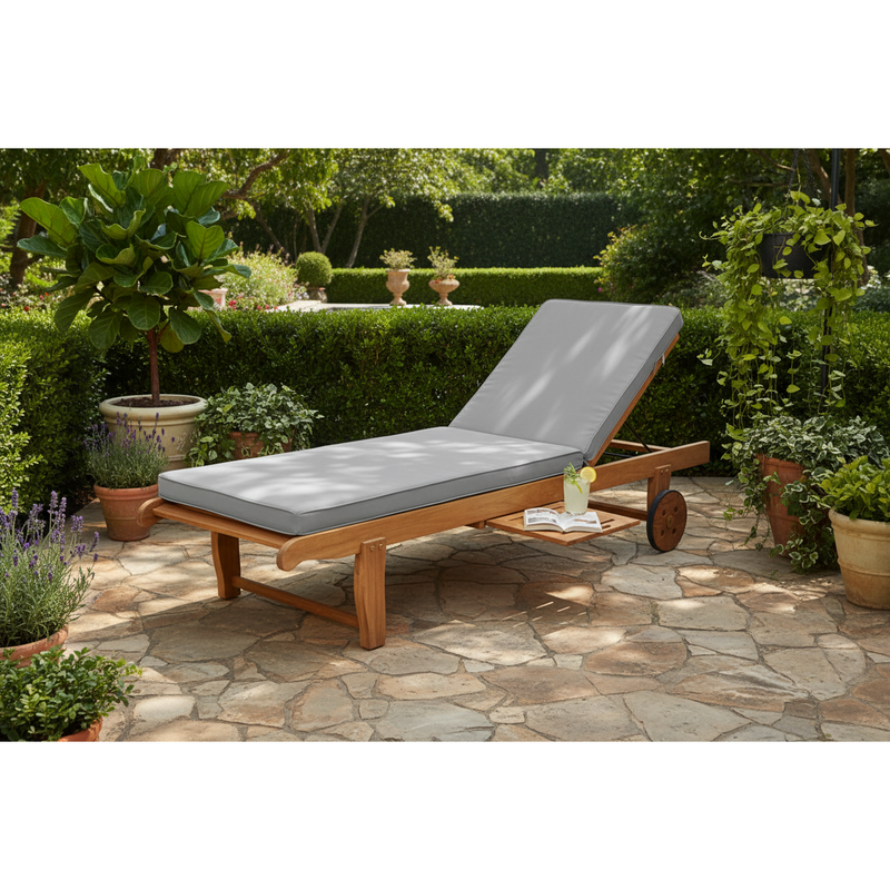 Windu Solid Teak Outdoor Wheeled Chaise Lounger with Tray + Free Light Grey Cushion