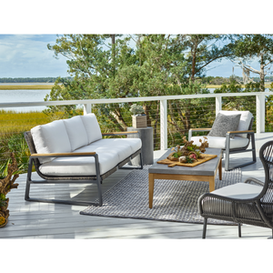 San Clemente outdoor sofa with teak arms and natural cushions — view 2
