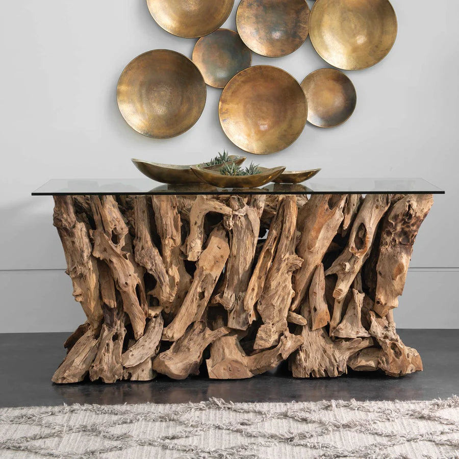 Teak Root Console Table 67 x 26" With Thick Glass Top