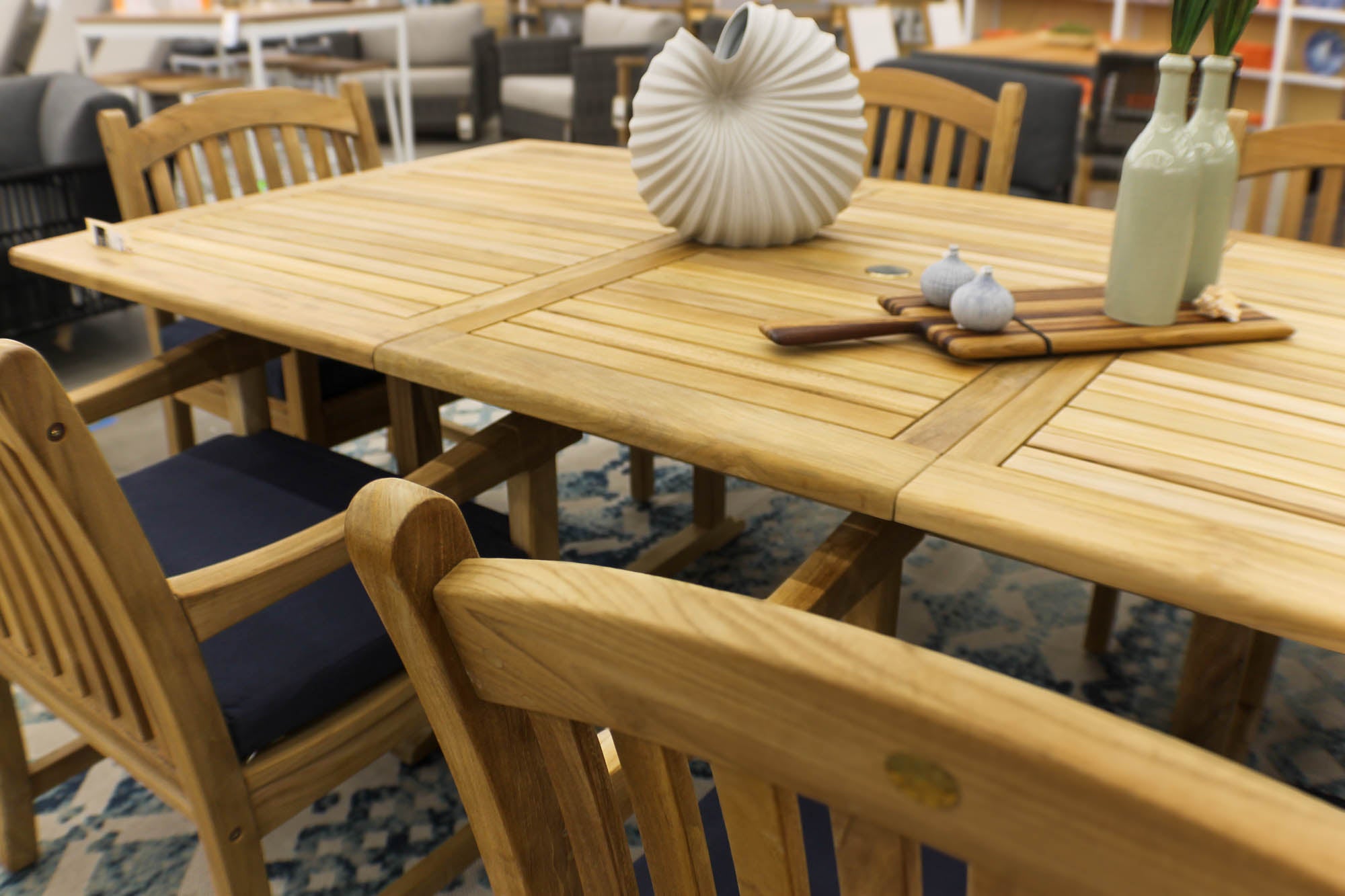 Bali Teak 7pc Outdoor Dining Set (Teak Rectangular Extendable Table 70-94" with 6 Teak Tista Armchairs +FREE Cushions +FREE Umbrella +FREE Cover)