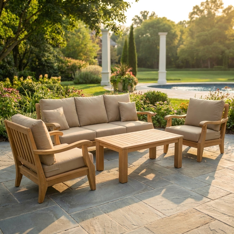 Bermuda teak deep-seating set in a sunlit garden (square)