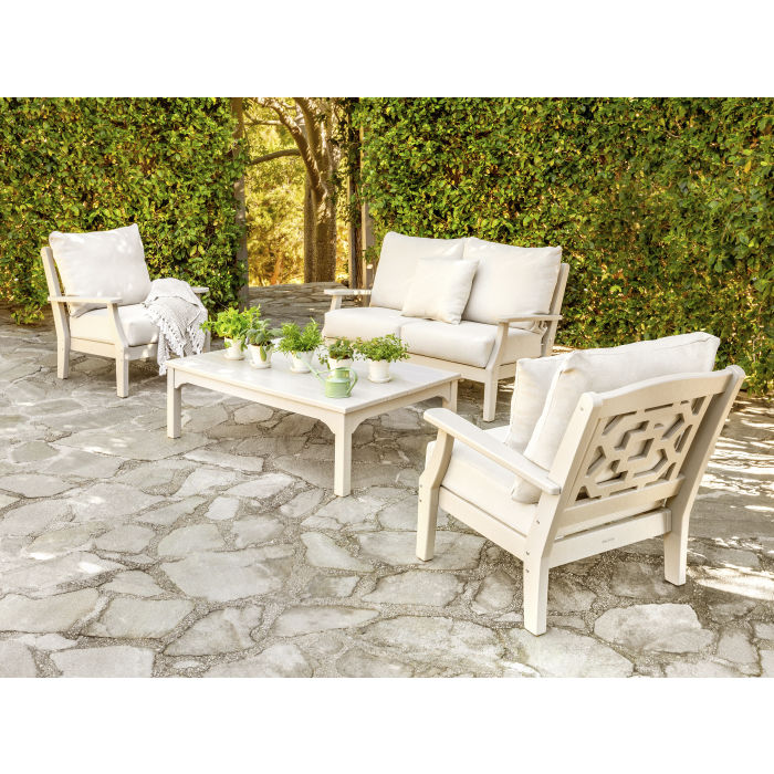 Polywood Chinoiserie Outdoor 4pc Seating Set with Sofa in Sand & Dune Cushions