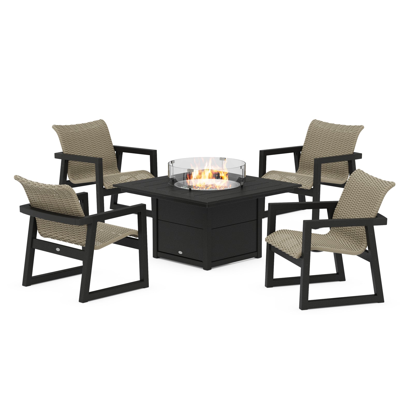 Polywood EDGE Woven 5-Piece Lounge Chair Seating Set with Fire Pit Table - Two-Tone