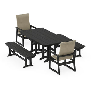 Polywood EDGE Woven Highback 5-Piece Farmhouse Dining Set with Benches - Two-Tone — view 1