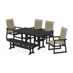 Polywood EDGE Woven Highback 6-Piece Farmhouse Dining Set with Bench - Two-Tone — view 2