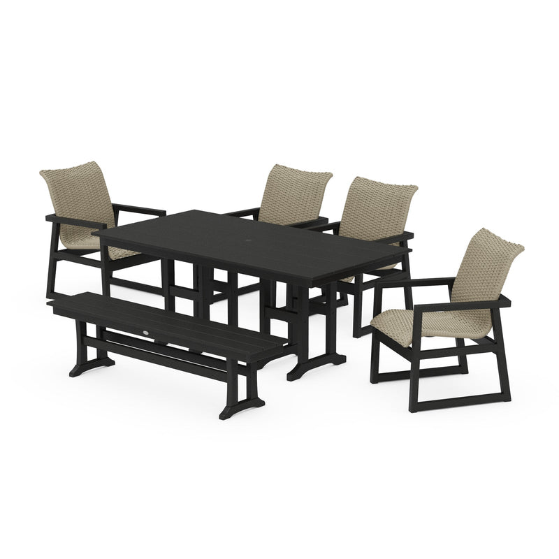 Polywood EDGE Woven 6-Piece Farmhouse Dining Set with Bench - Two-Tone