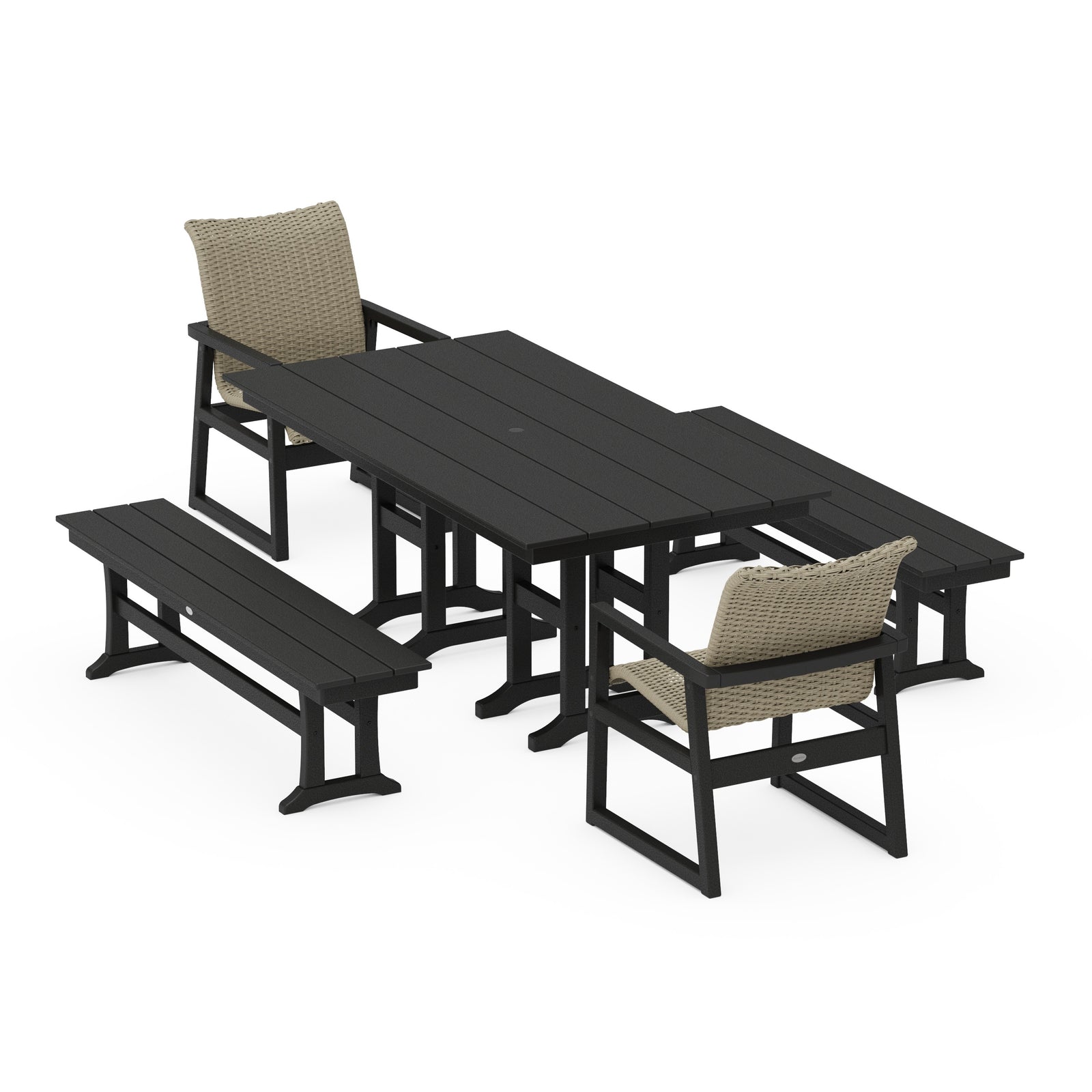 Polywood EDGE Woven 5-Piece Farmhouse Dining Set with Benches - Two-Tone