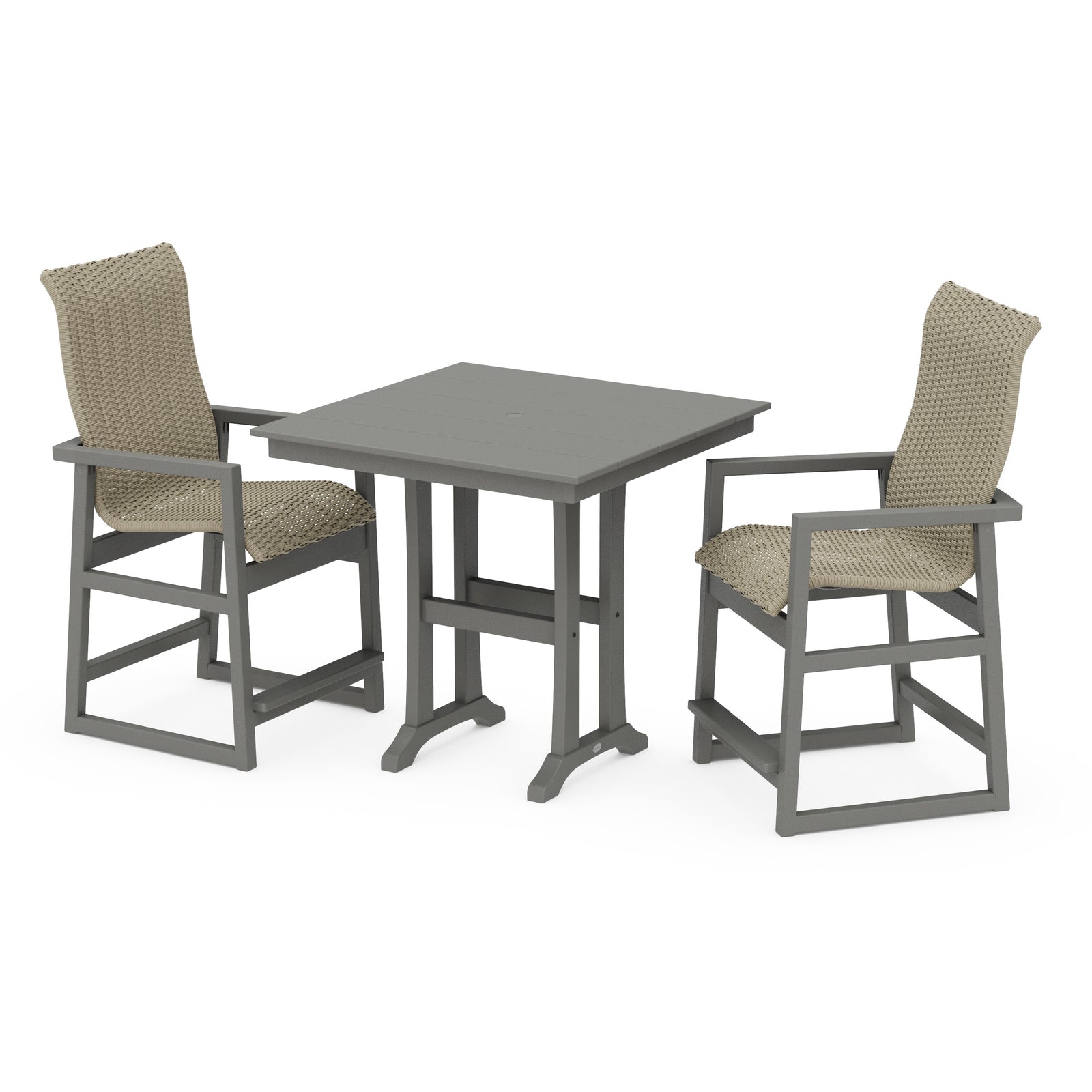 Polywood EDGE Woven Highback 3-Piece Farmhouse Counter Set with Trestle Legs - Two-Tone