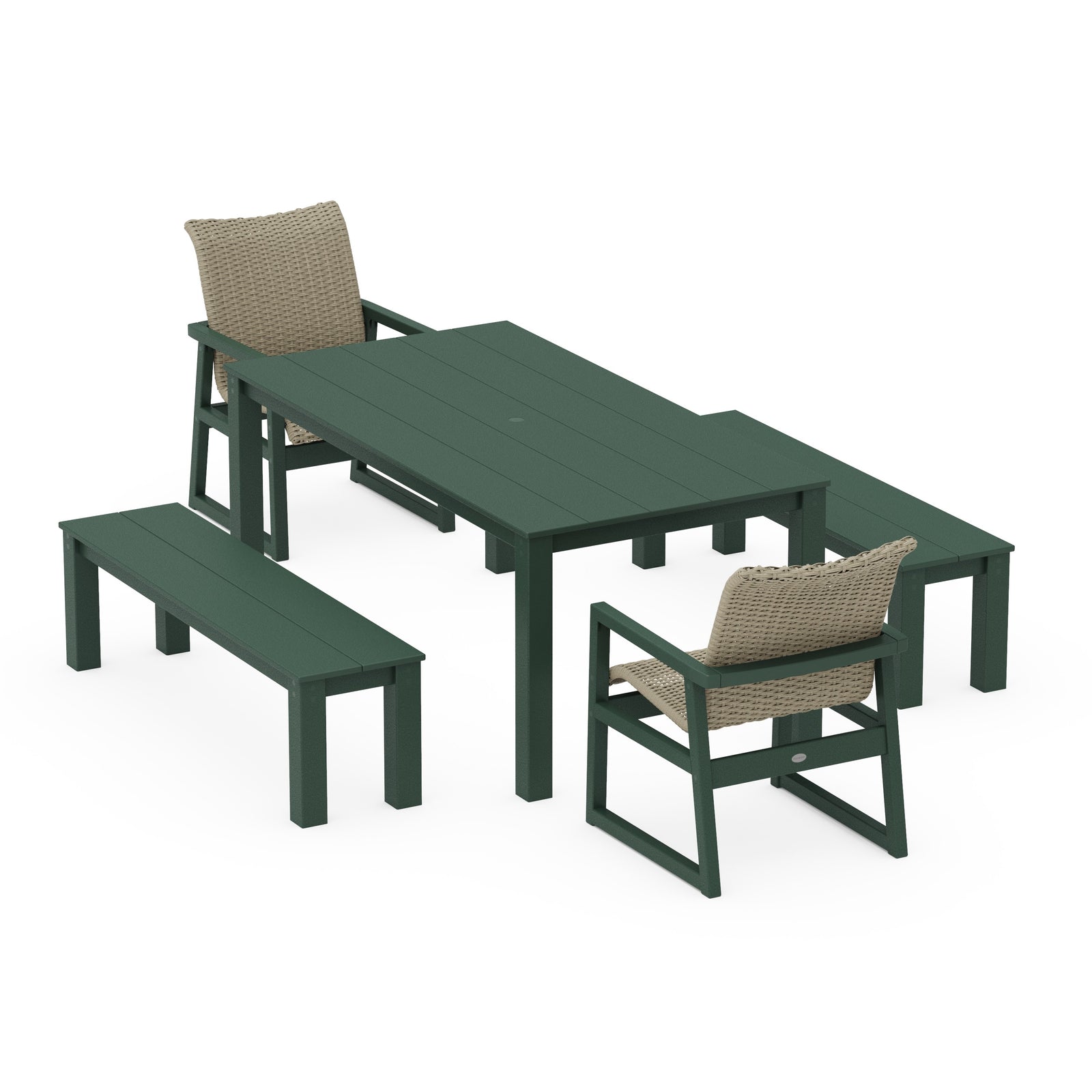 Polywood EDGE Woven 5-Piece Parsons Dining Set with Benches - Two-Tone
