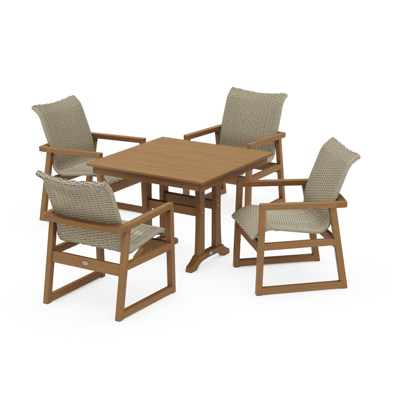 Polywood EDGE Woven 5-Piece Farmhouse Dining Set with Trestle Legs - Two-Tone