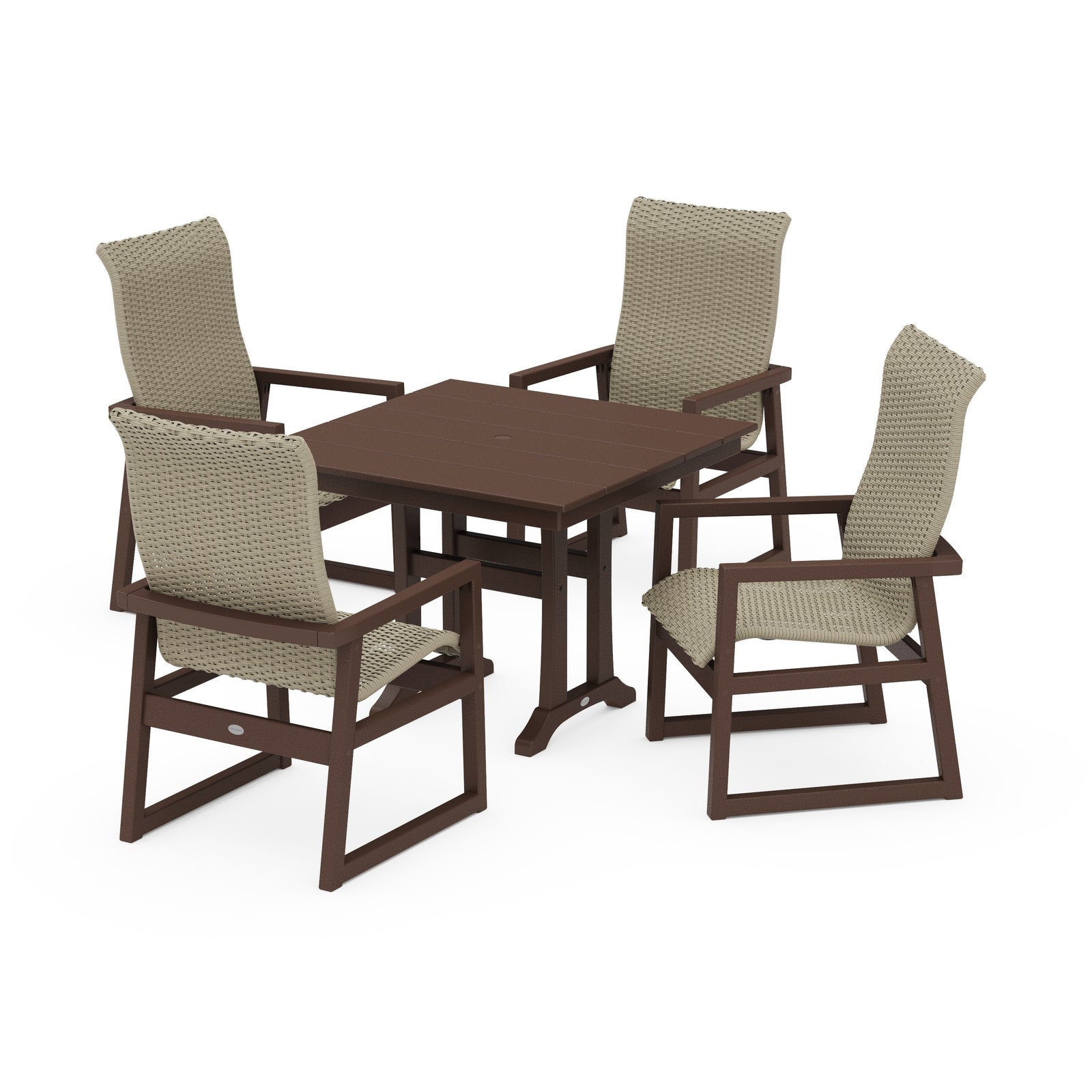 Polywood EDGE Woven Highback 5-Piece Farmhouse Dining Set with Trestle Legs - Two-Tone