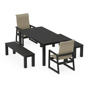 Polywood EDGE Woven Highback 5-Piece Parsons Dining Set with Benches - Two-Tone — view 1