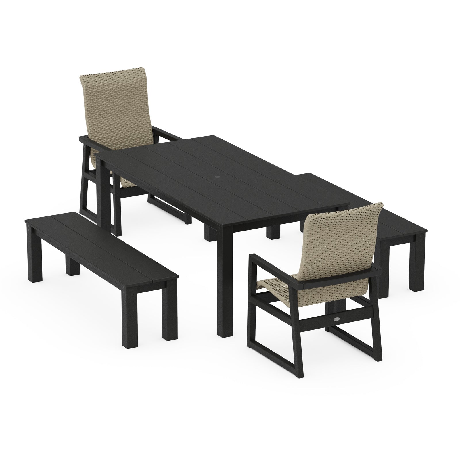 Polywood EDGE Woven Highback 5-Piece Parsons Dining Set with Benches - Two-Tone