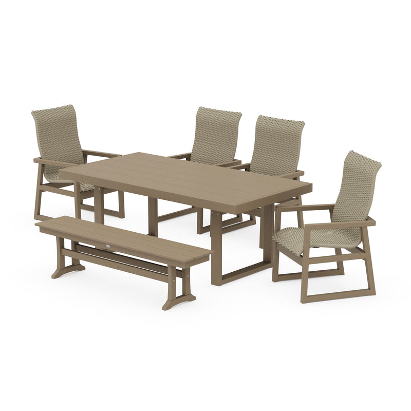 Polywood EDGE Woven Highback 6-Piece Dining Set with Bench - Two-Tone