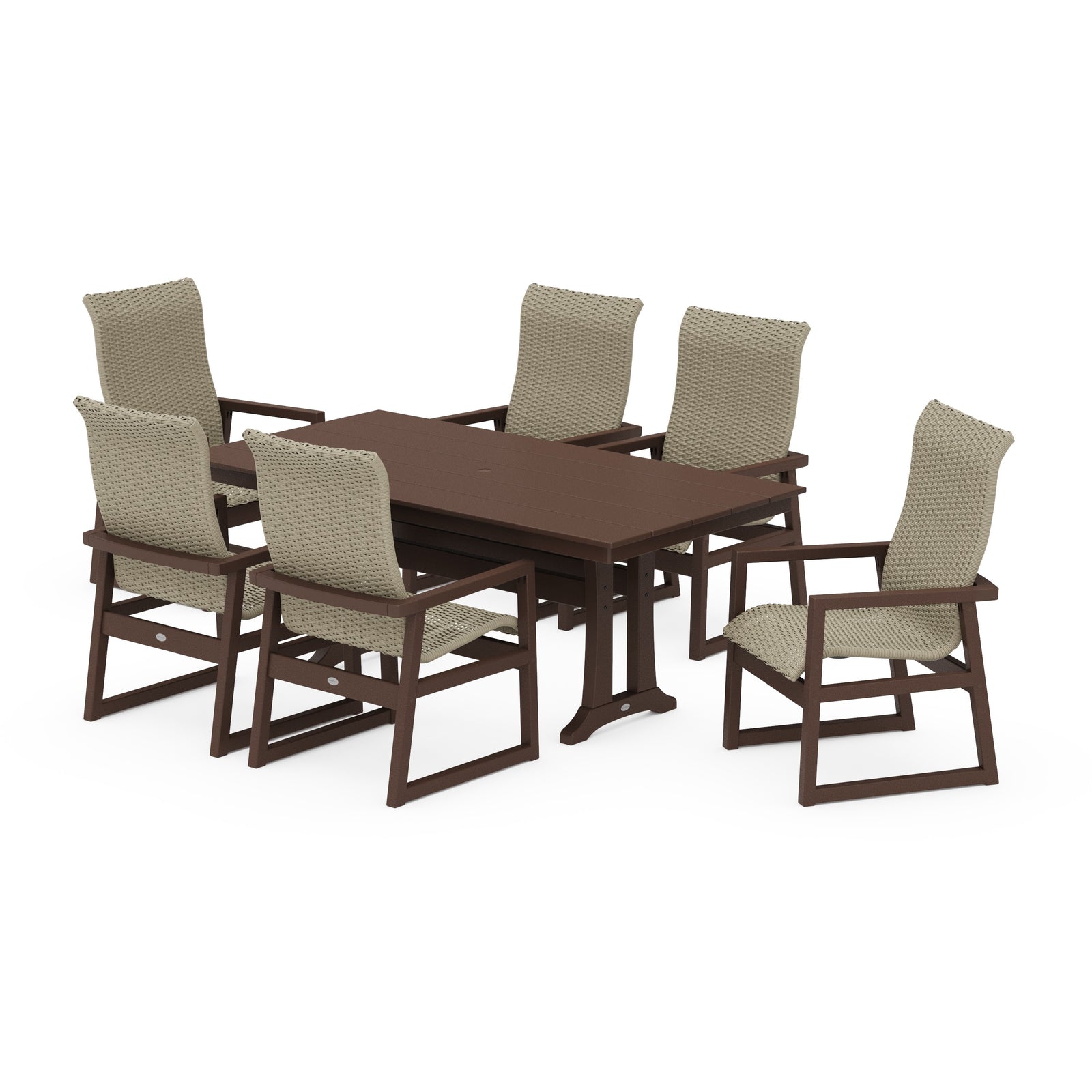 Polywood EDGE Woven Highback Arm Chair 7-Piece Farmhouse Dining Set with Trestle Legs - Two-Tone