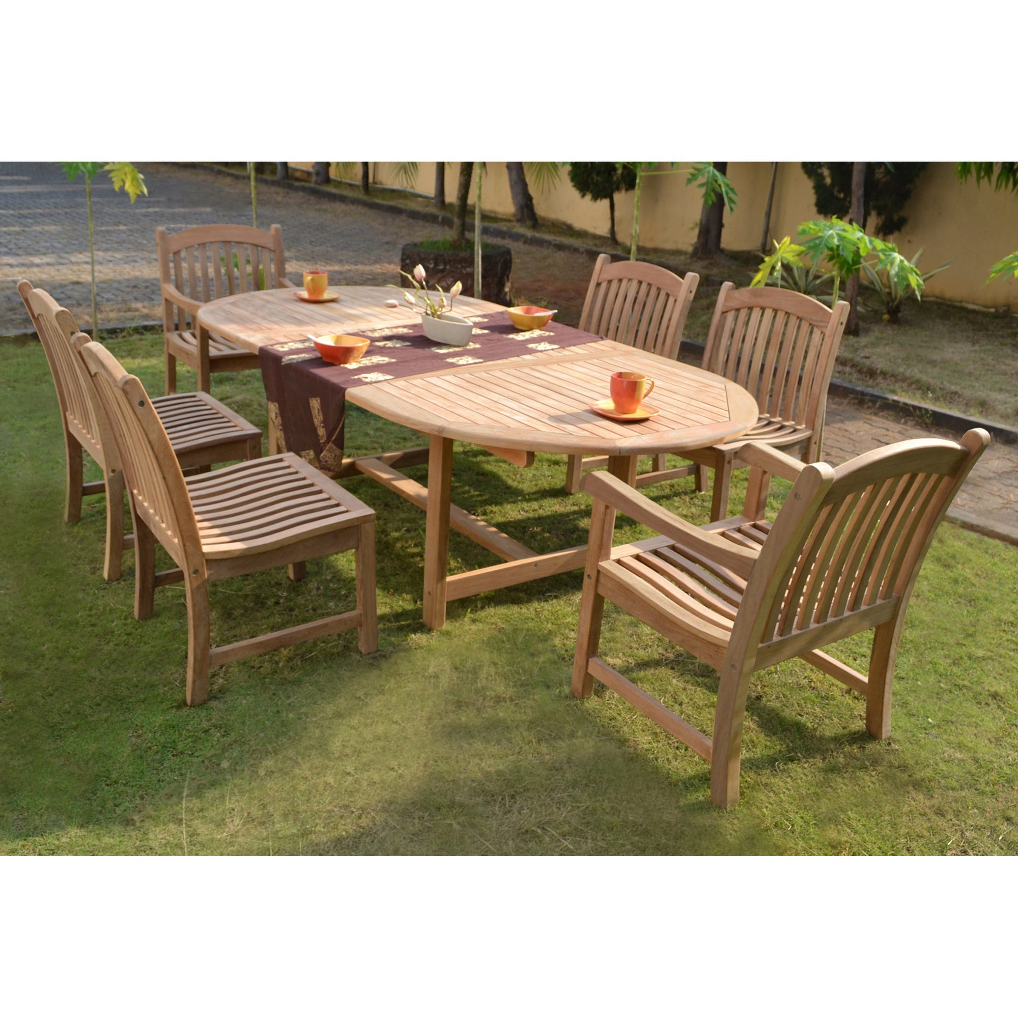 Harbour Teak Outdoor Dining Set (Teak Extendable Oval Table 71-95" with 6 Teak Tista Armchairs +FREE Cushions +FREE Cover +FREE Umbrella)
