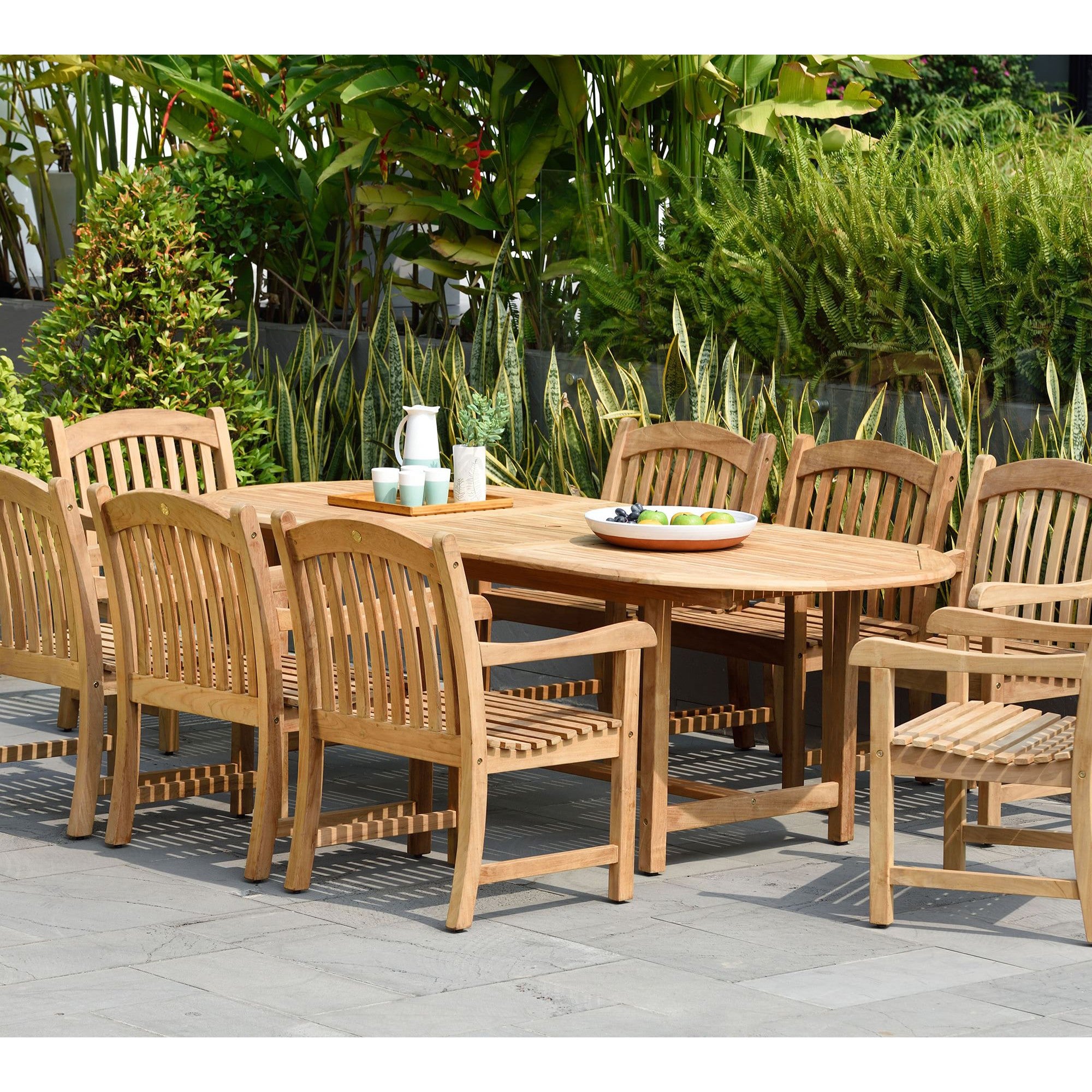 Harbour Teak Outdoor Dining Set (Teak Extendable Oval Table 71-95" with 6 Teak Tista Armchairs +FREE Cushions +FREE Cover +FREE Umbrella)