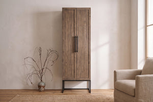 Dwell Latte 85-inch utility cabinet with solid wood doors in a living room — view 1
