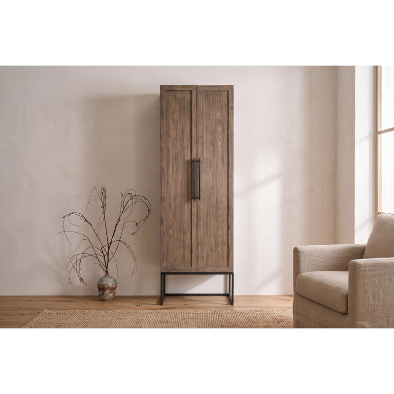 Dwell Latte 85-inch utility cabinet with solid wood doors in a living room