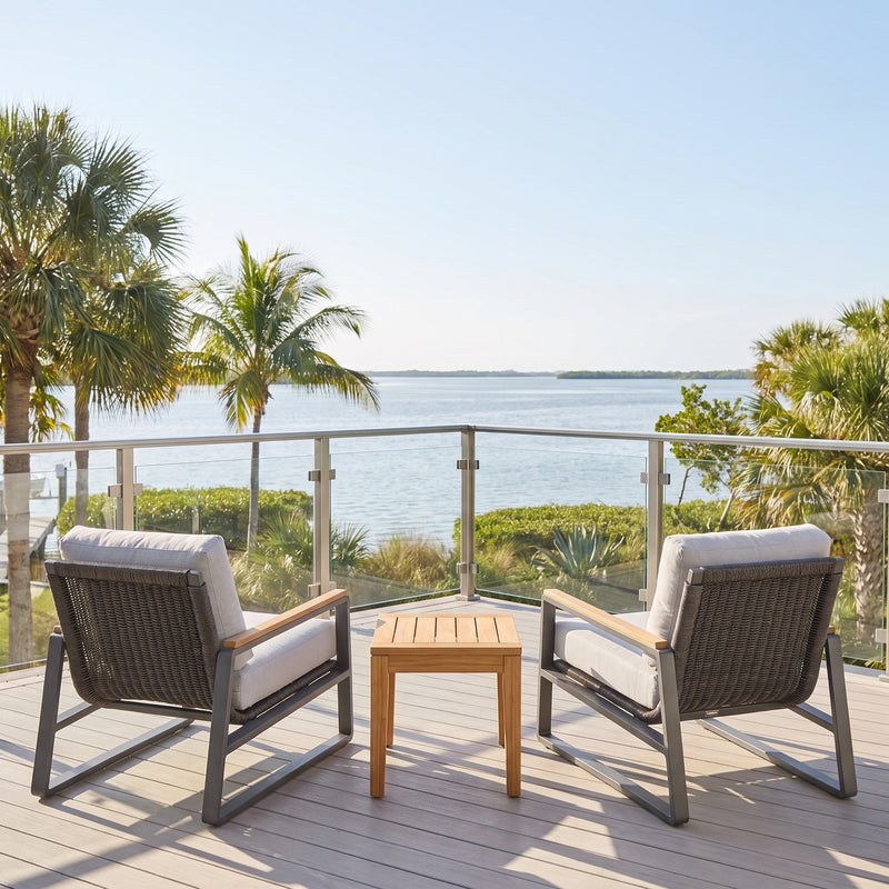 San Clemente 3-piece balcony set - two lounge chairs and a Karimun solid-teak side table on a coastal balcony
