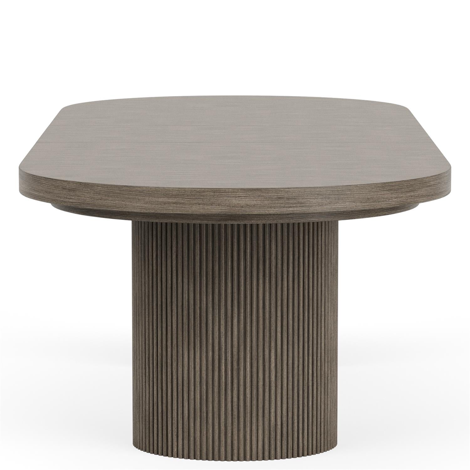 Sienna dining table end view showing rounded top and reeded pedestal