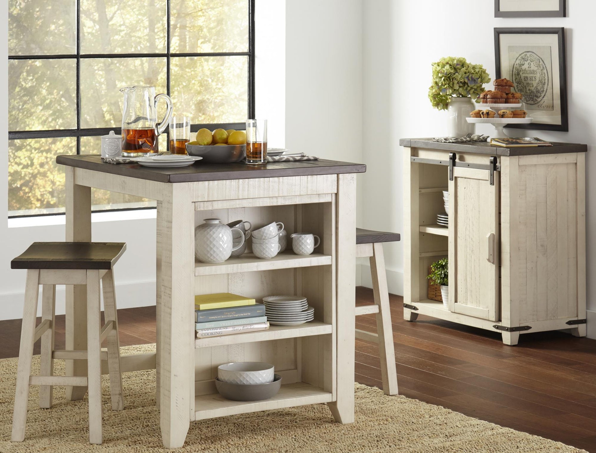 Loft 3-Pc Vintage White Small Kitchen Island Dining Set
