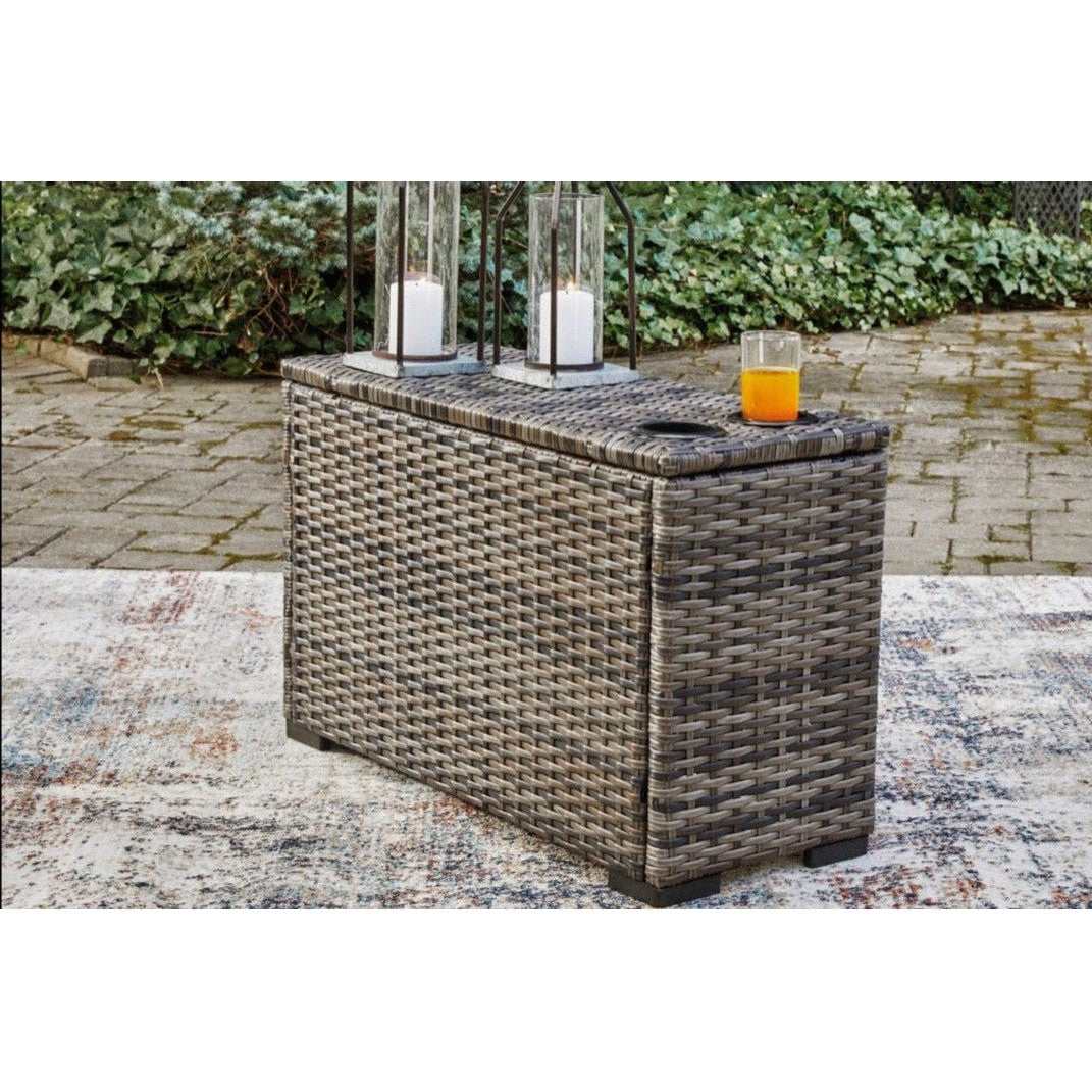 Montauk Curve outdoor console with built-in drink holders in gray wicker