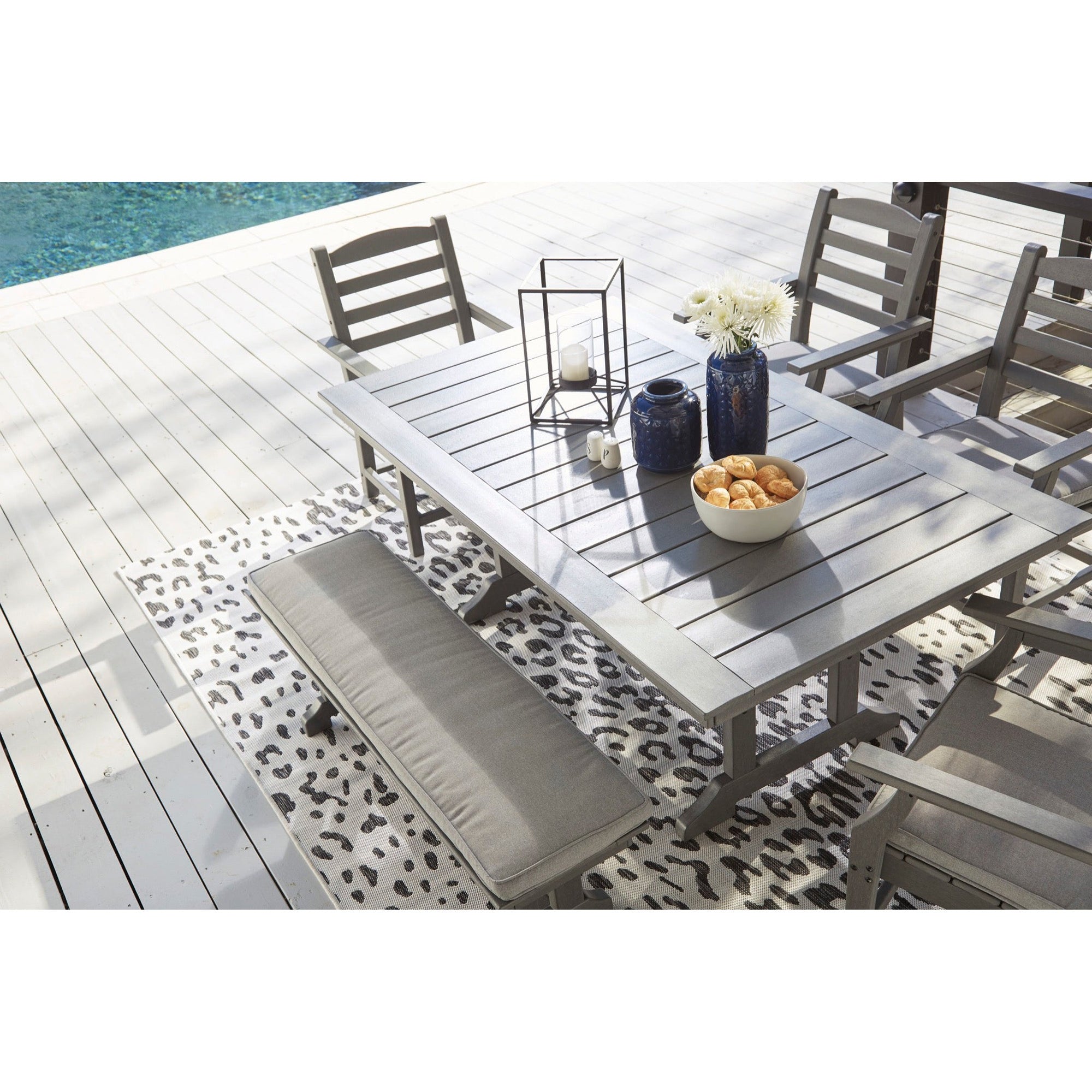 Poly Grey 6pc Outdoor Dining Set with Bench with FREE Cushions