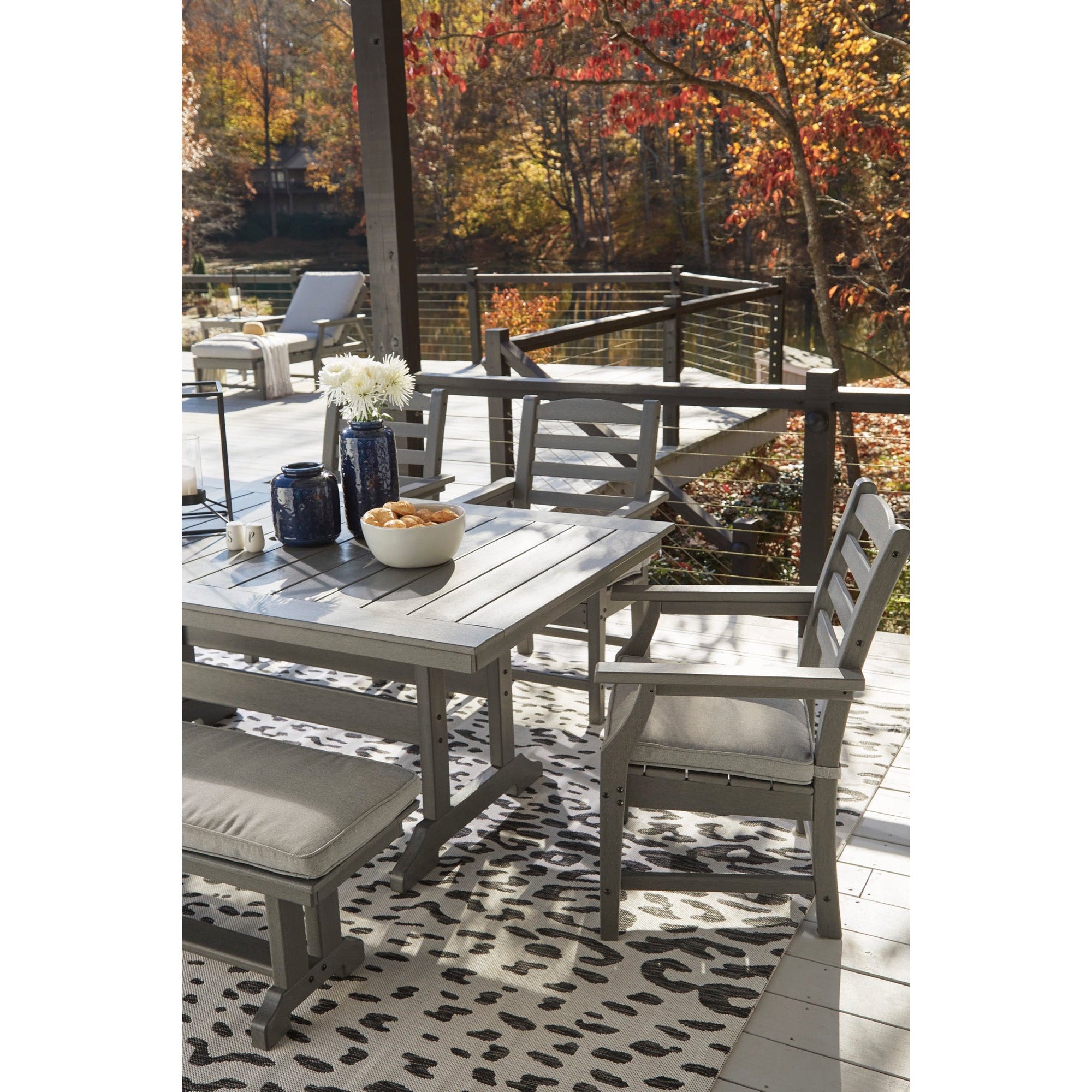 Poly Grey 6pc Outdoor Dining Set with Bench with FREE Cushions